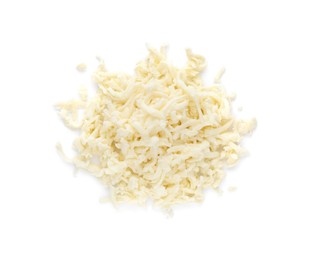 Photo of Heap of delicious mozzarella cheese on white background, top view