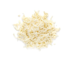 Heap of delicious mozzarella cheese on white background, top view