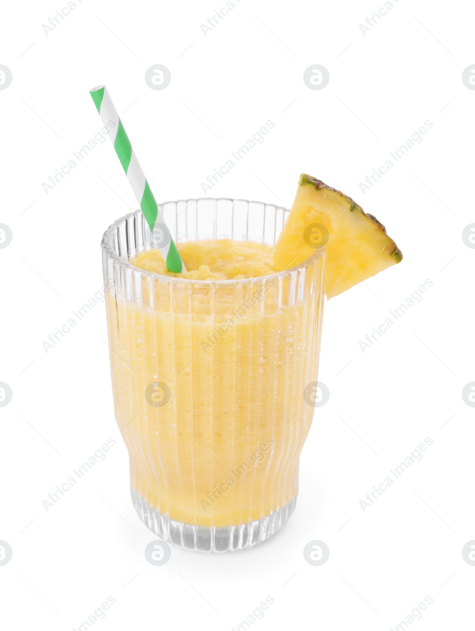 Photo of Glass of tasty pineapple smoothie isolated on white