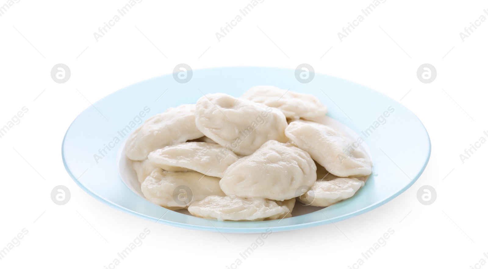 Photo of Plate with tasty dumplings (varenyky) on white background