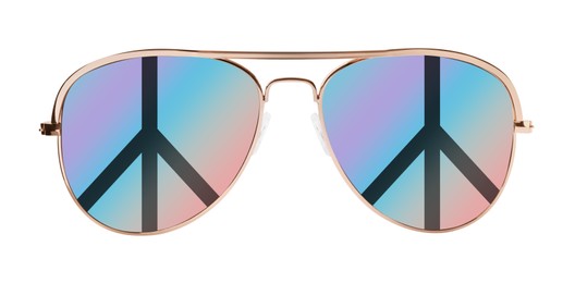 Image of Stylish sunglasses with hippie peace symbol on lenses on white background