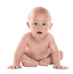 Photo of Cute little baby sitting on white background