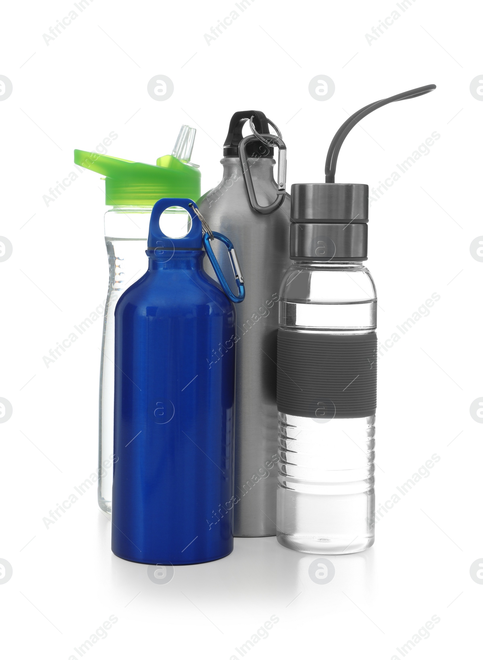 Photo of Different water bottles for sports on white background