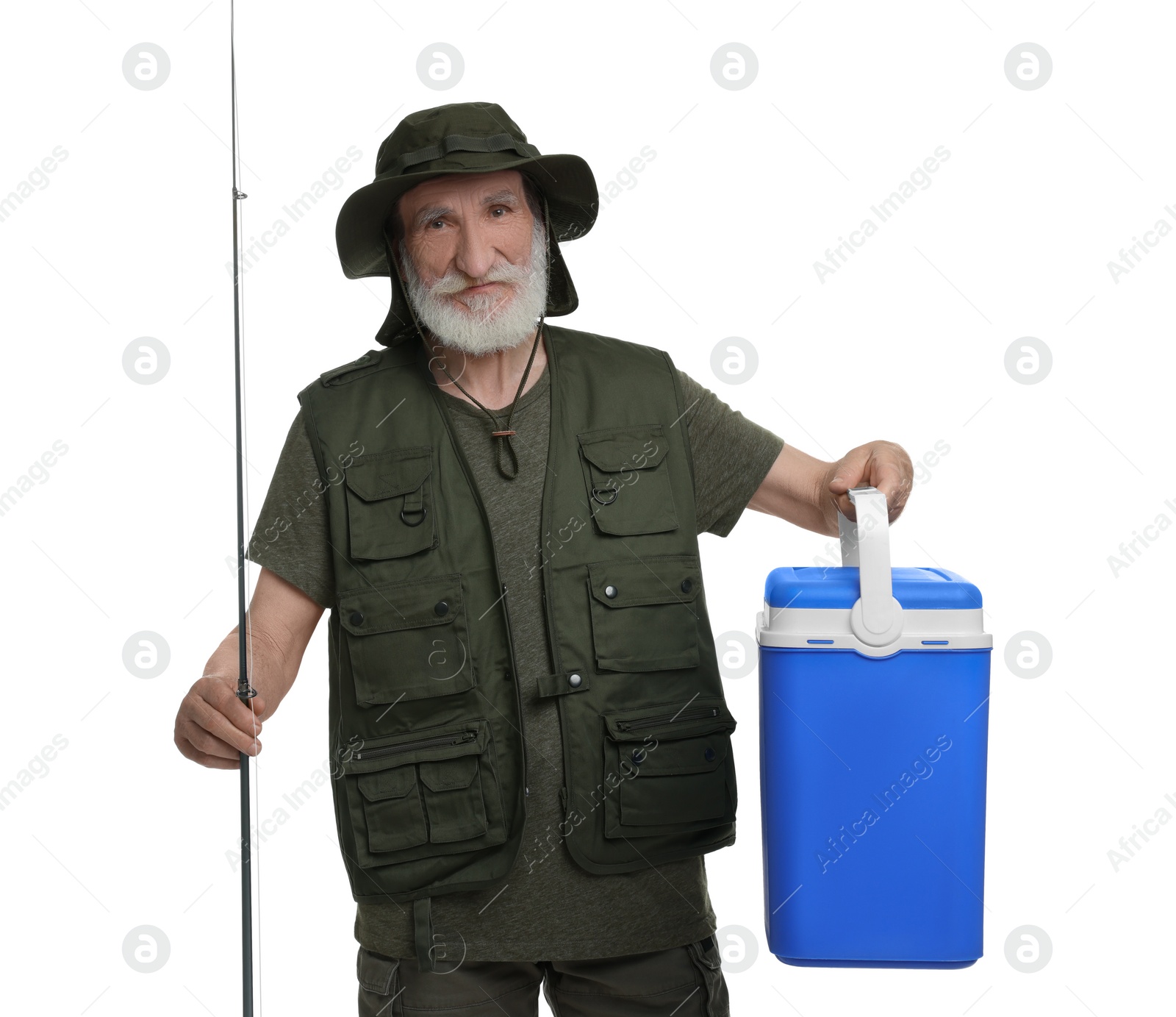 Photo of Fisherman with fishing rod and cool box isolated on white