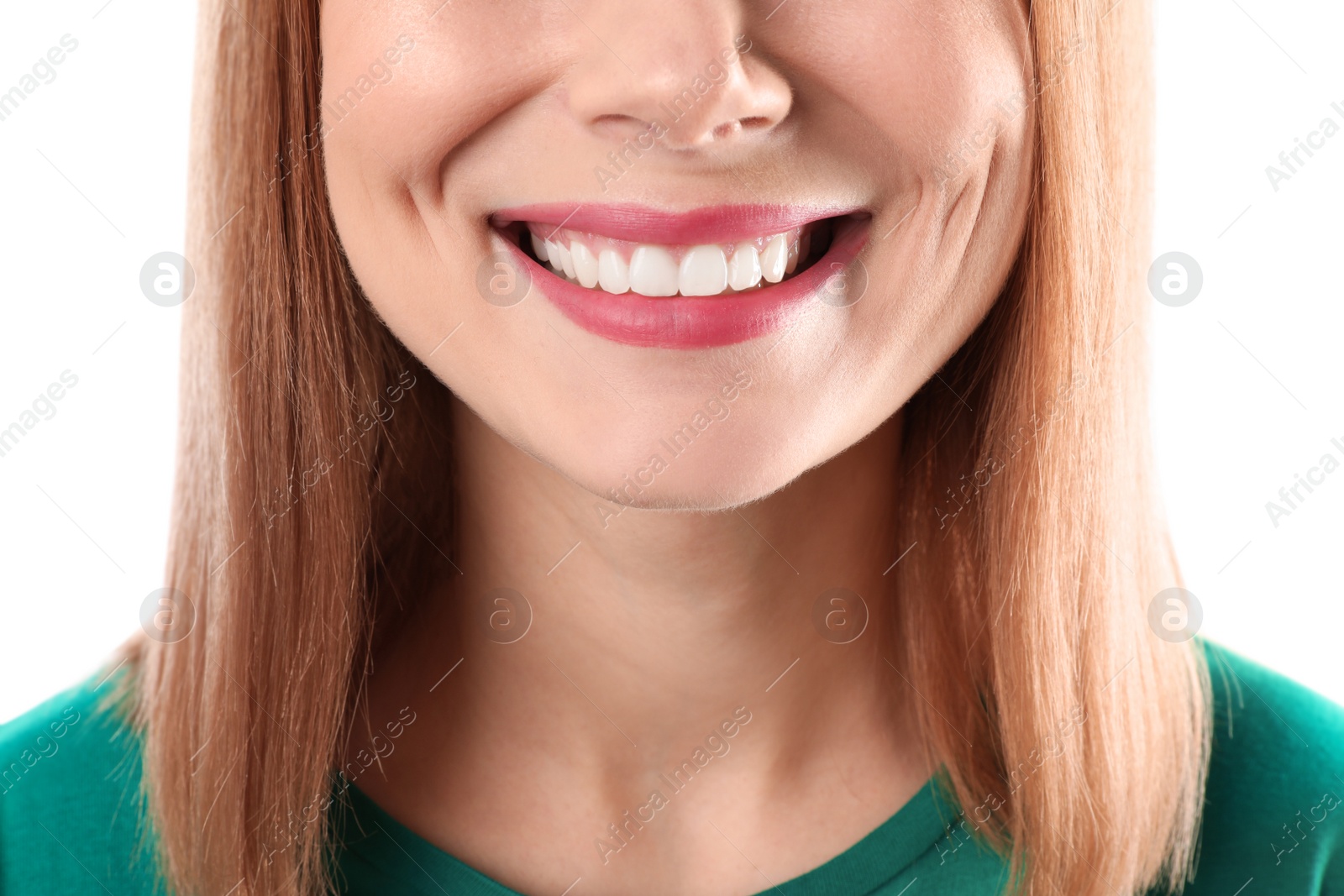 Photo of Smiling woman with perfect teeth on white background, closeup