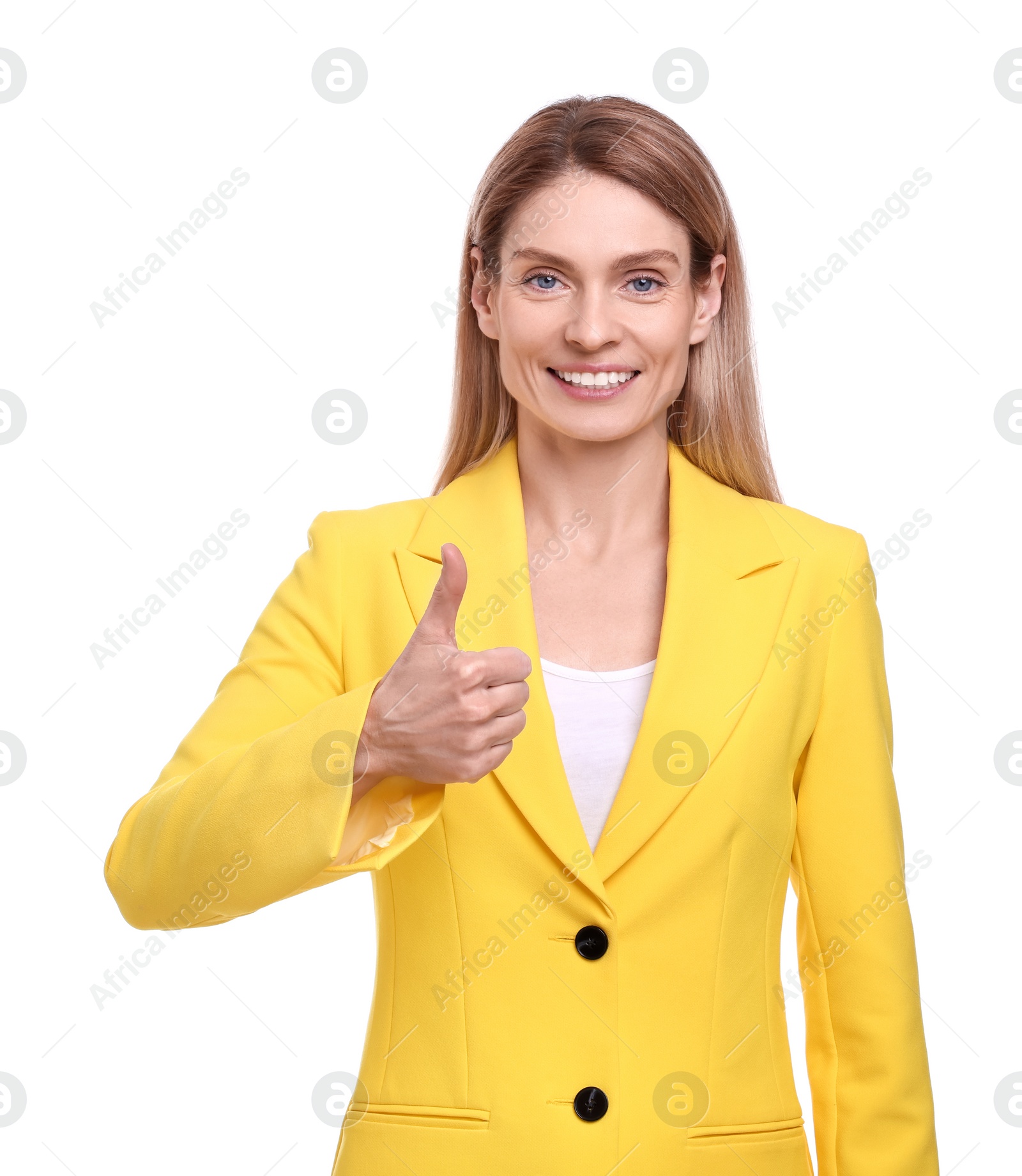 Photo of Beautiful happy businesswoman showing thumb up on white background