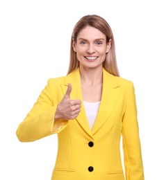 Beautiful happy businesswoman showing thumb up on white background