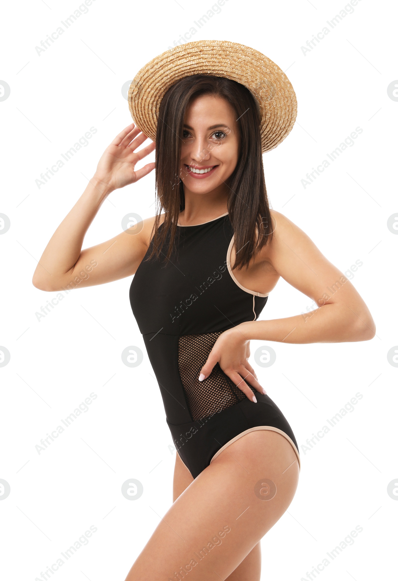 Photo of Pretty sexy woman with slim body in stylish black bikini on white background