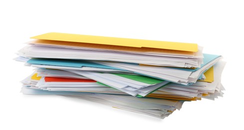 Stack of different files with documents on white background