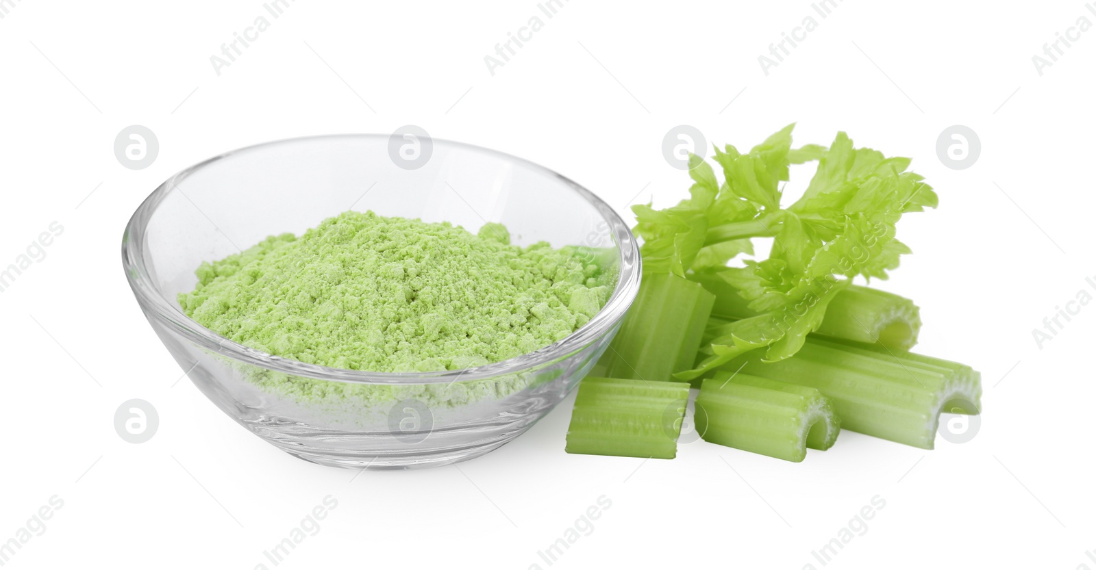 Photo of Bowl of celery powder and fresh cut stalk isolated on white