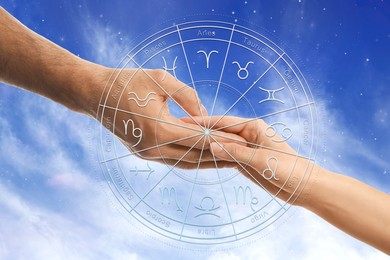 Image of Relationships and horoscope. Zodiac wheel and photo of man and woman holding hands against sky, closeup