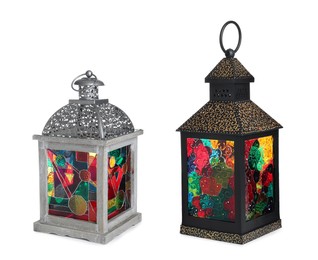 Image of Different traditional Arabic lanterns on white background 