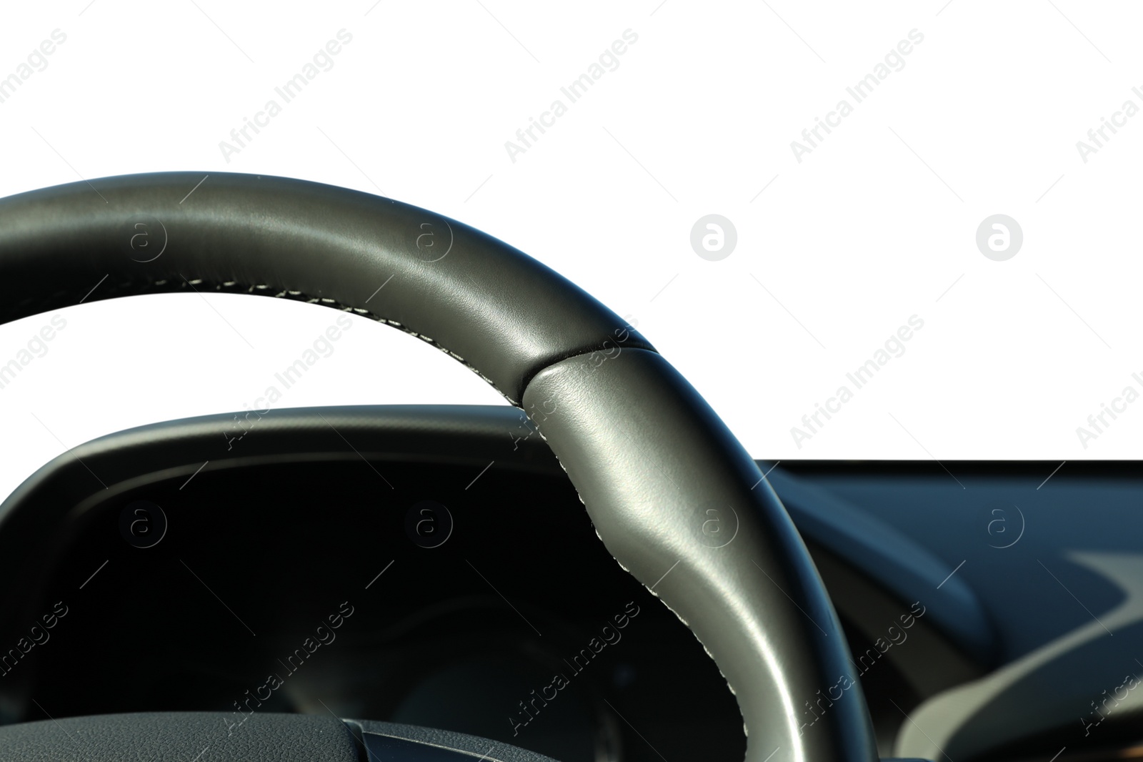 Image of Steering wheel inside of modern car isolated on white, closeup