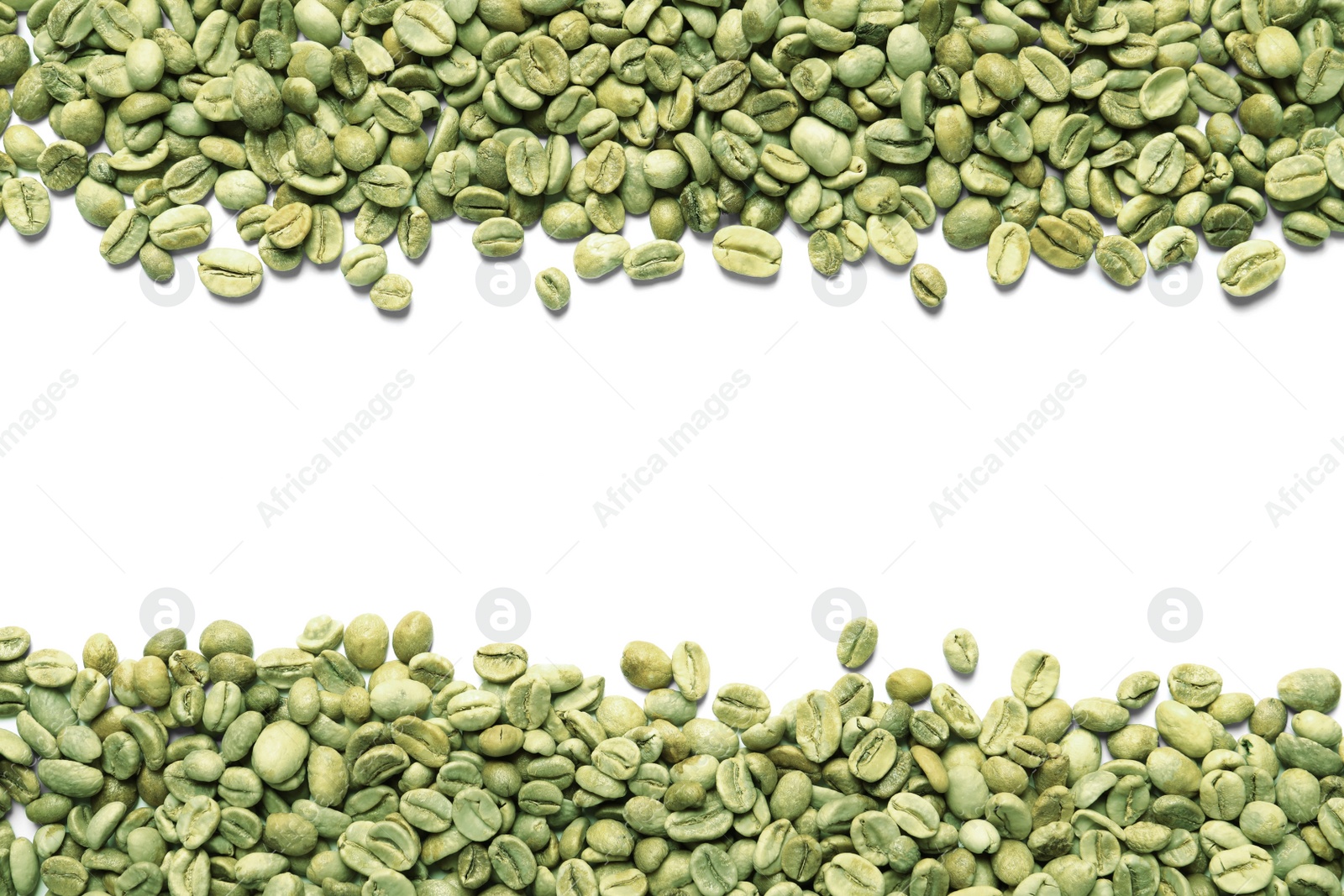 Photo of Many green coffee beans on white background, top view