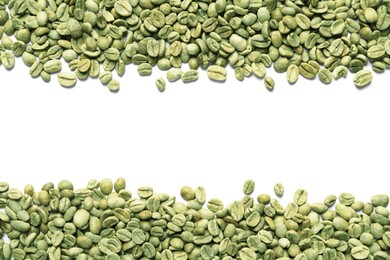 Many green coffee beans on white background, top view