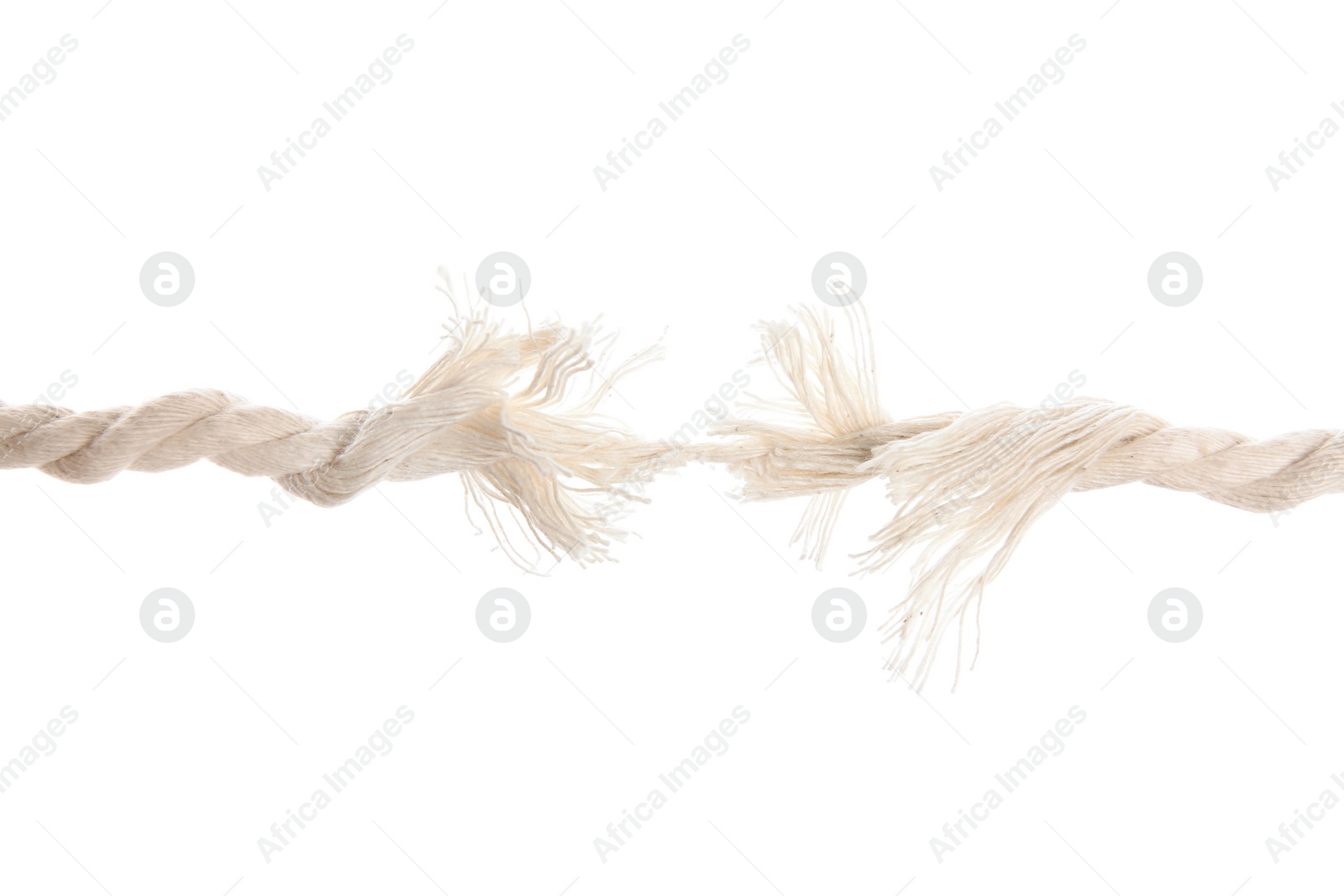 Photo of Frayed rope at breaking point on white background