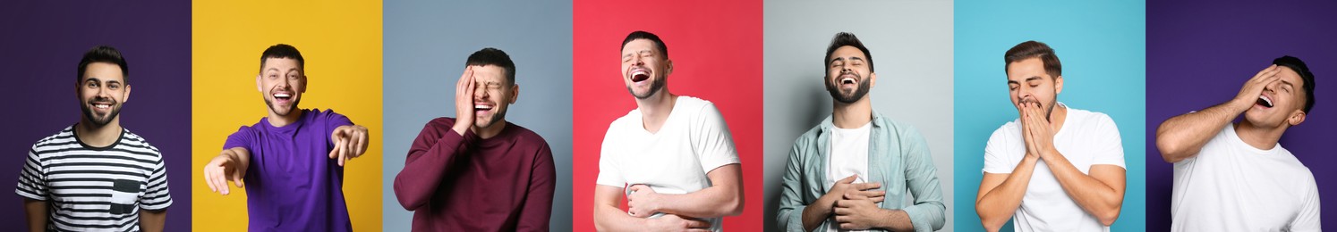 Image of Collage with photos of handsome men laughing on different color backgrounds. Banner design