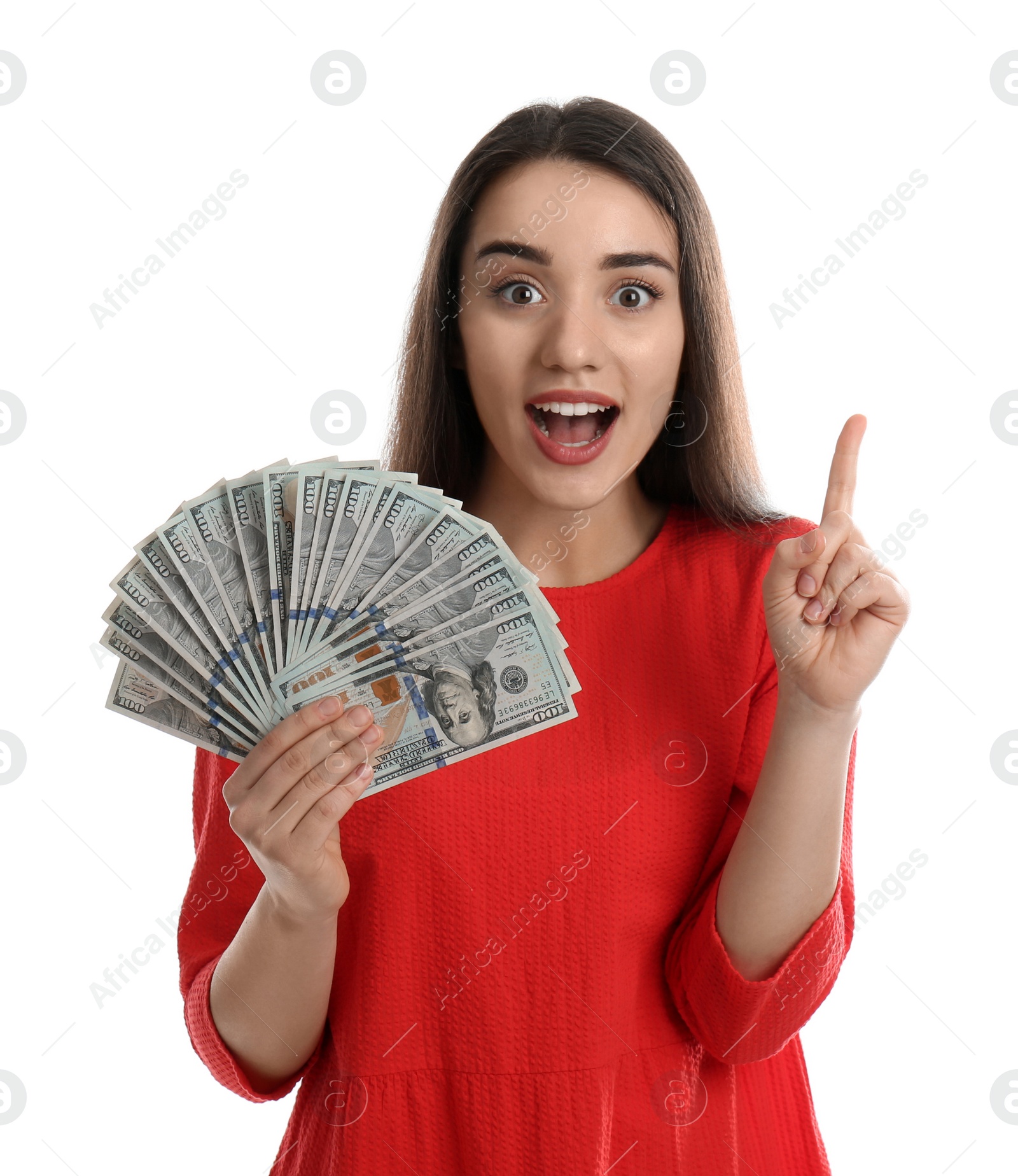 Photo of Emotional young woman with money on white background