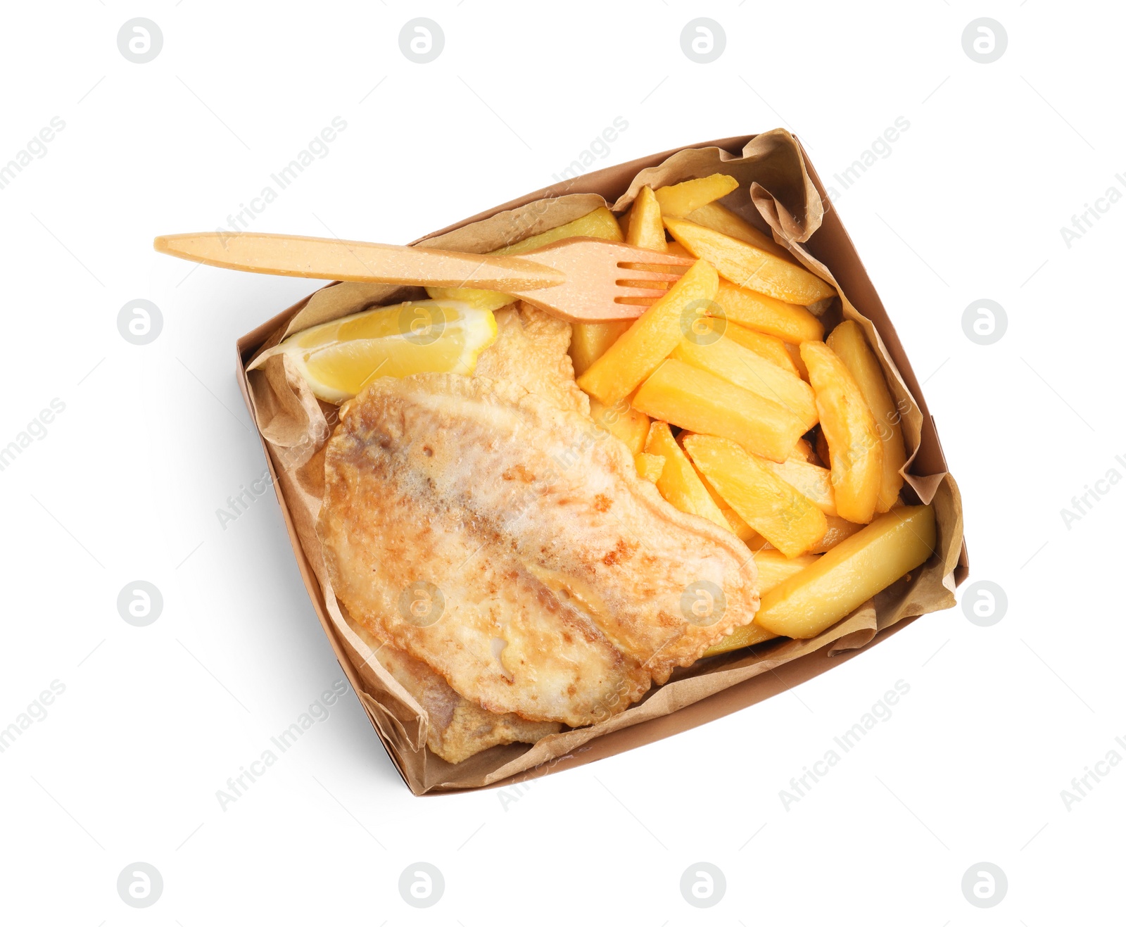 Photo of Delicious fish and chips in paper box isolated on white, top view