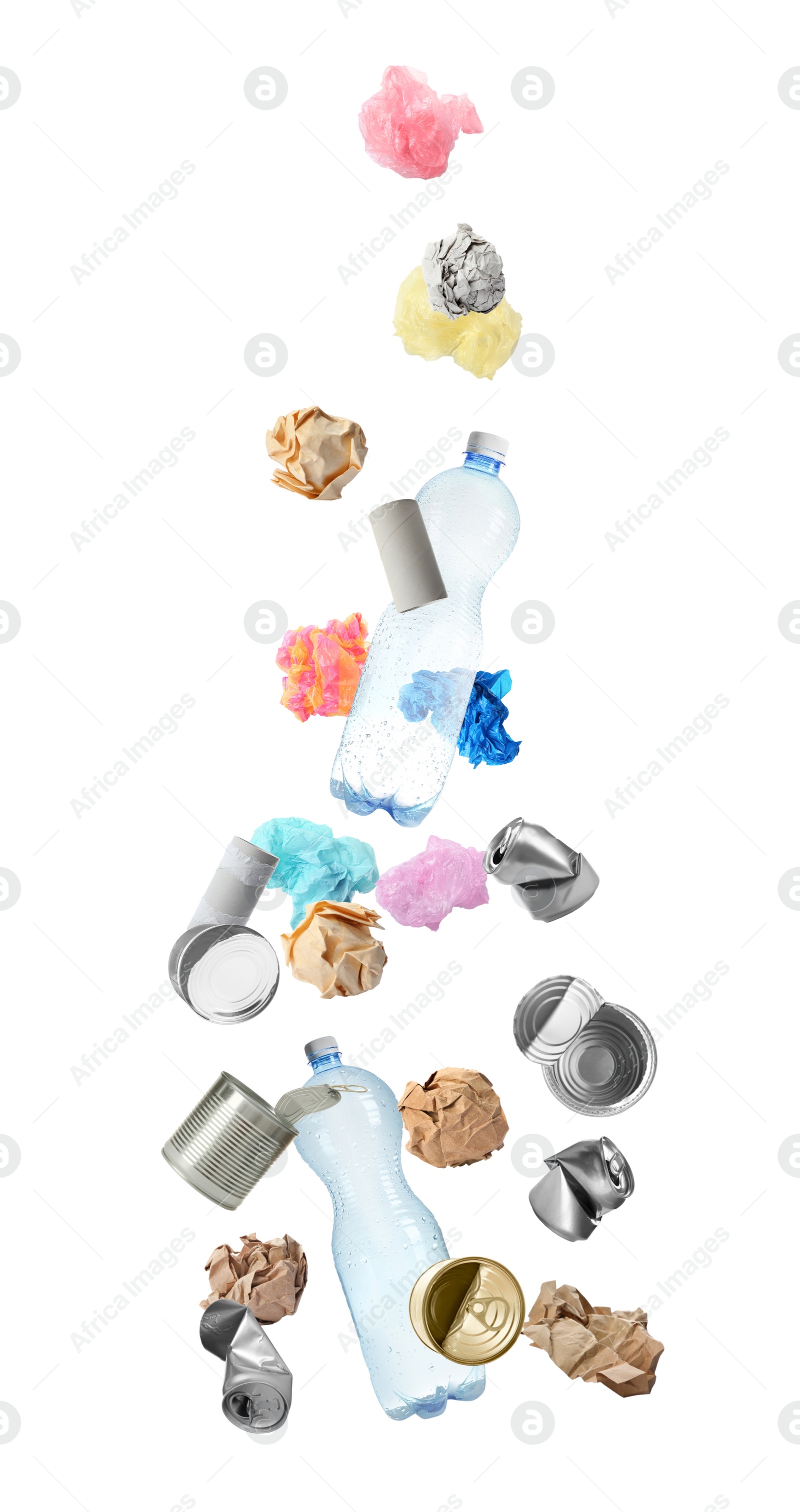 Image of Set of different falling garbage on white background. Waste management and recycling