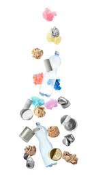 Image of Set of different falling garbage on white background. Waste management and recycling