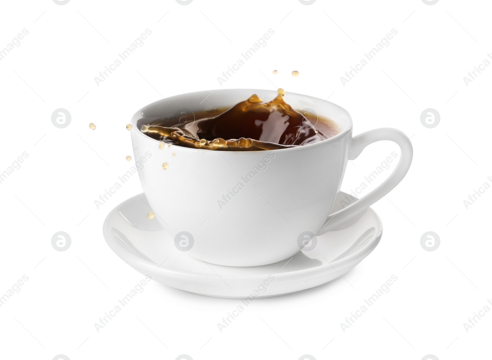 Photo of Cup with splashing coffee isolated on white