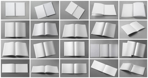 Image of Open blank brochures on grey background, collage. Banner design