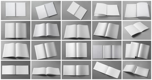 Open blank brochures on grey background, collage. Banner design