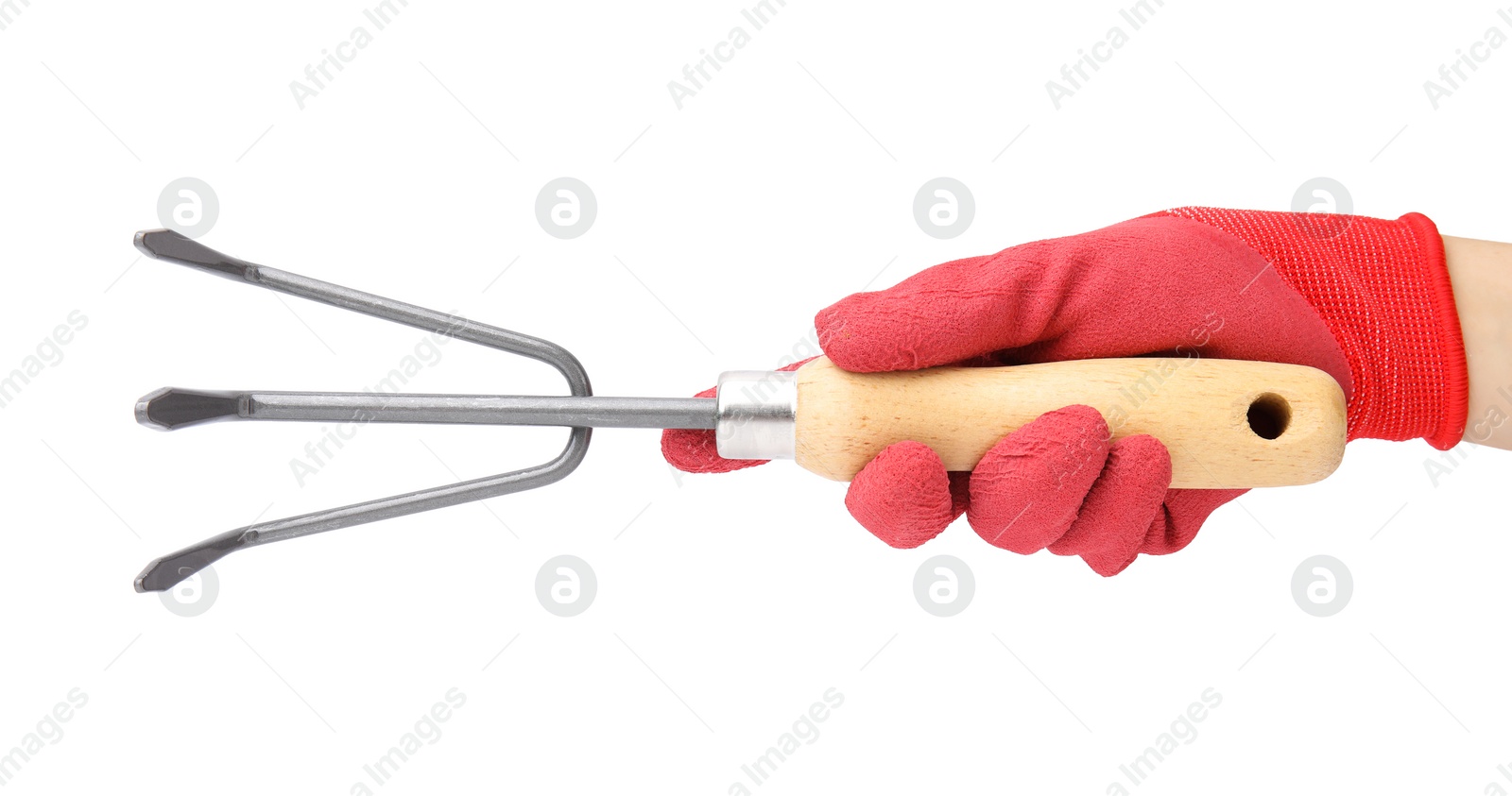 Photo of Woman in gardening glove holding rake on white background, closeup