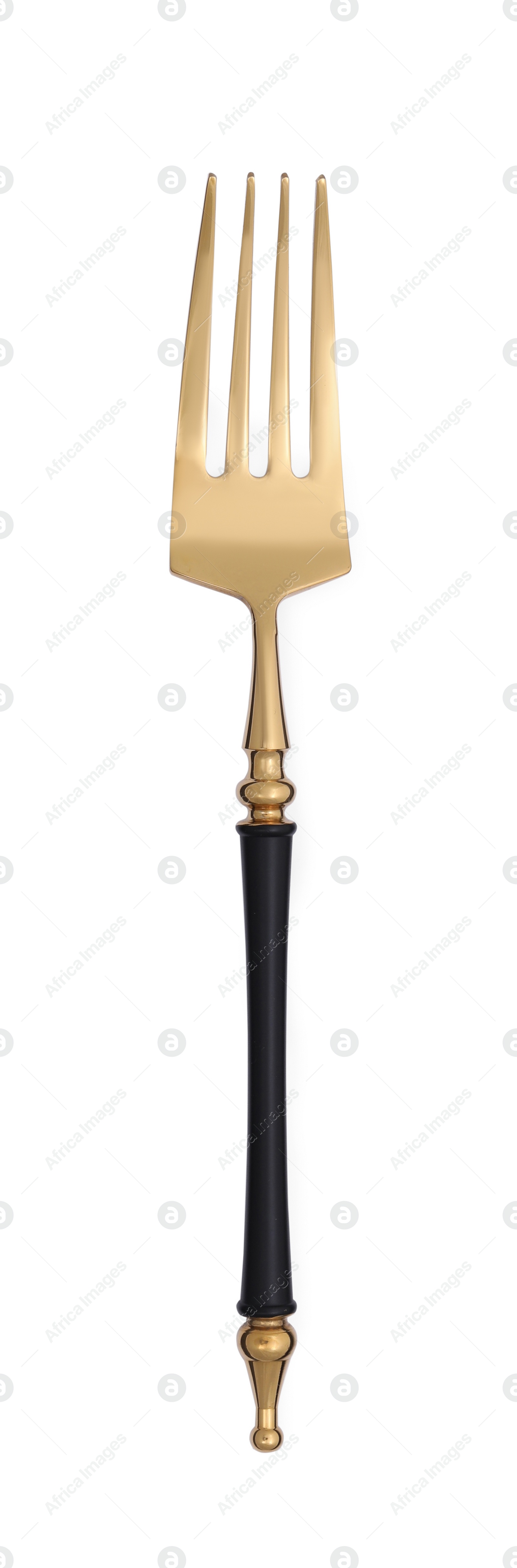 Photo of Clean shiny golden fork isolated on white, top view