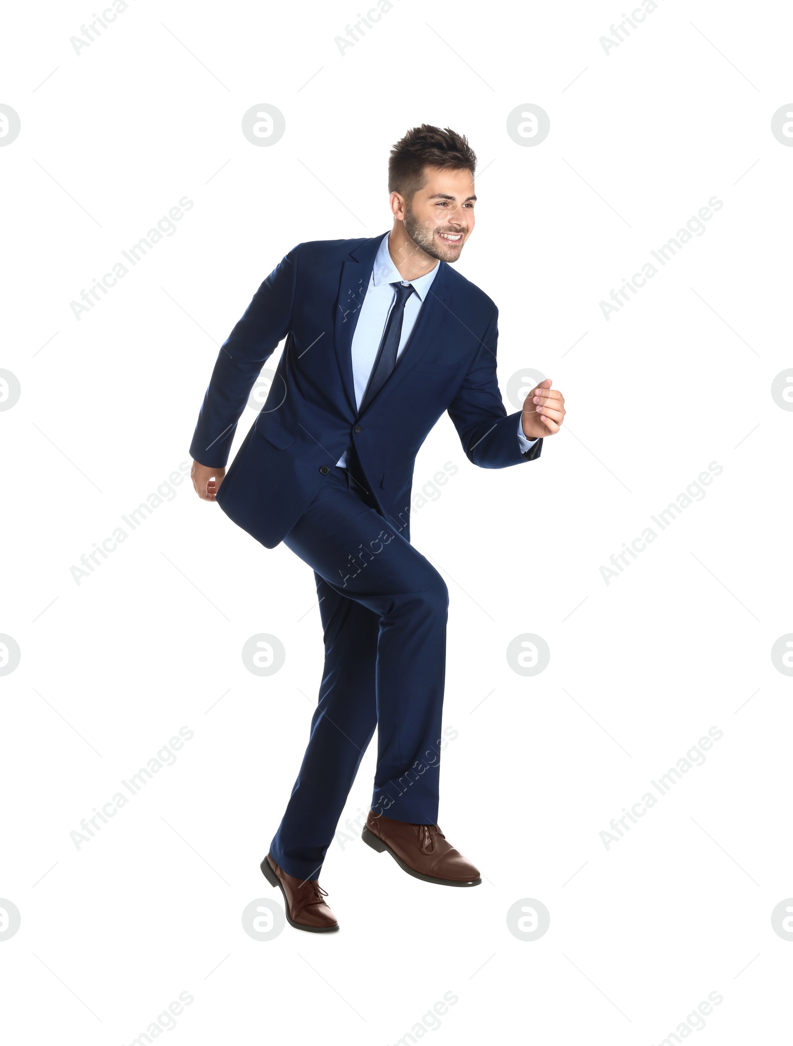 Photo of Businessman walking on white background. Career ladder