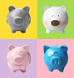 Set with piggy banks on different color backgrounds