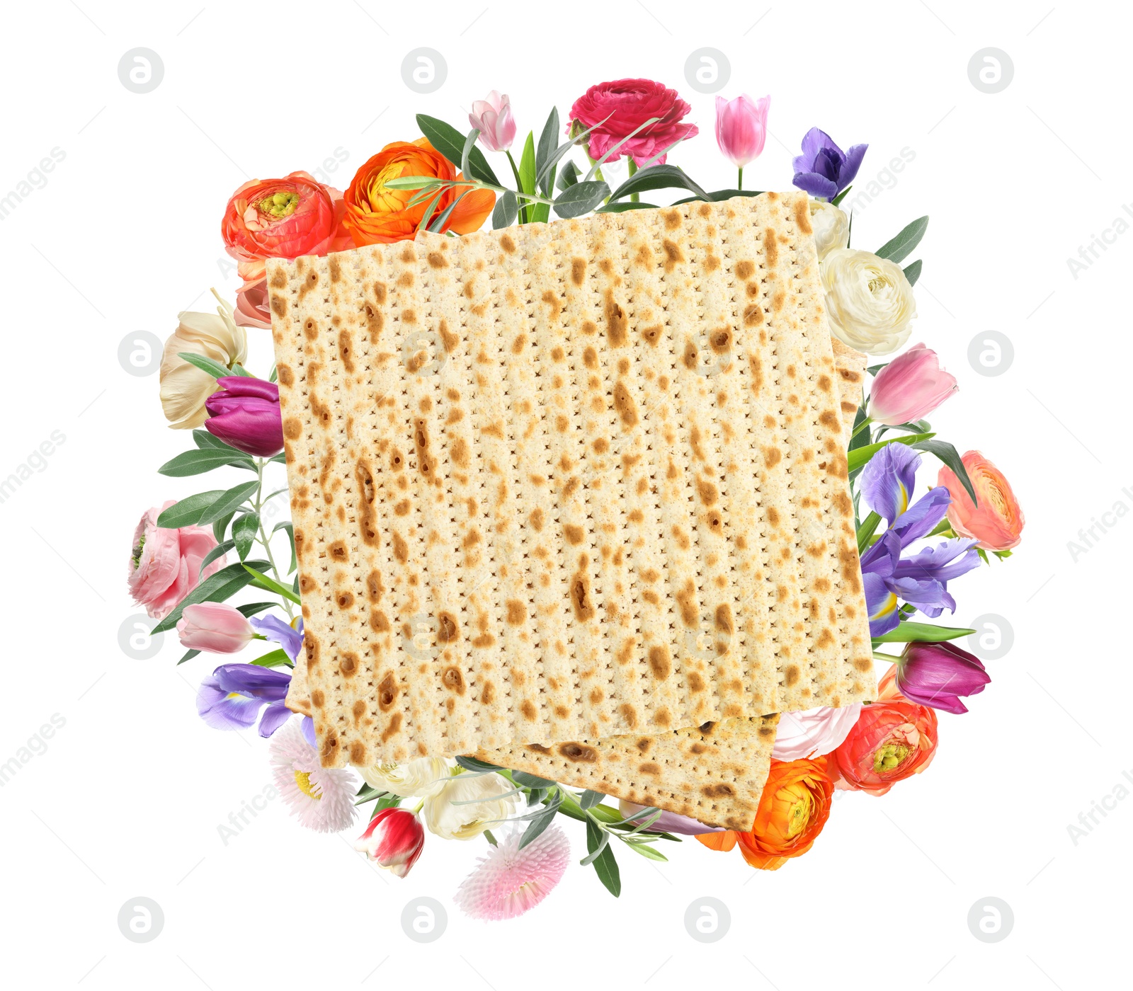 Image of Tasty matzo and flowers on white background, top view. Passover (Pesach) celebration