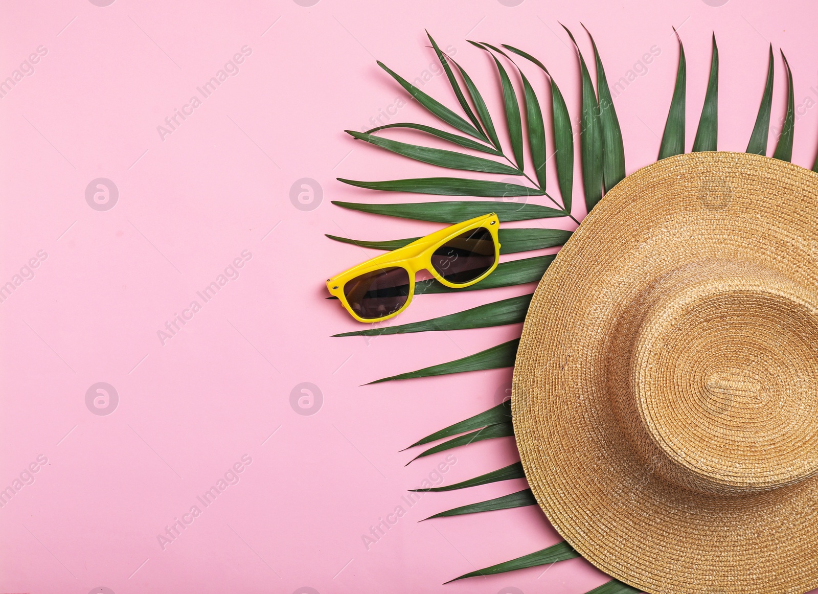 Photo of Flat lay composition with beach objects on color background