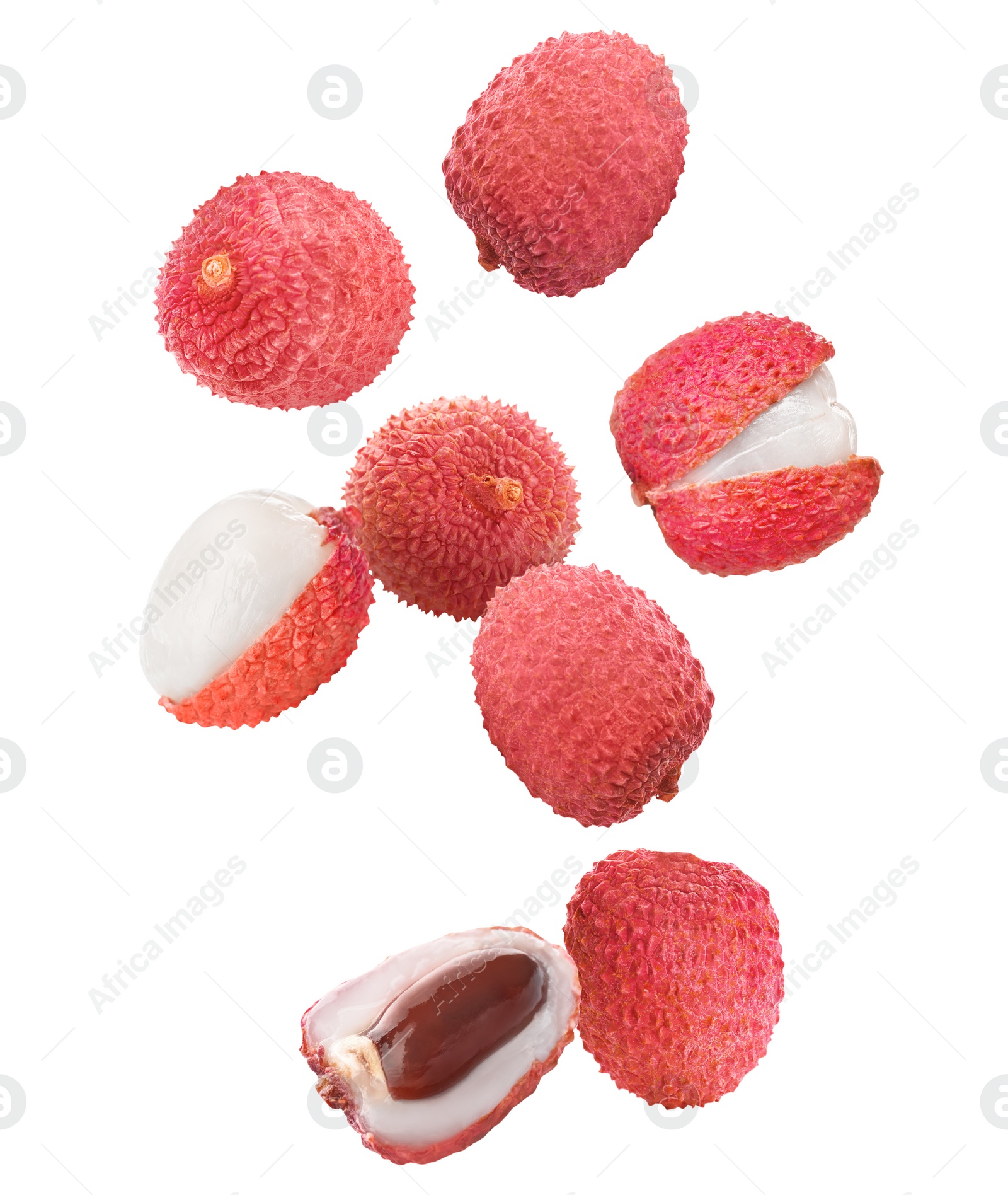 Image of Set of falling delicious lychees on white background