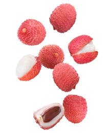 Image of Set of falling delicious lychees on white background