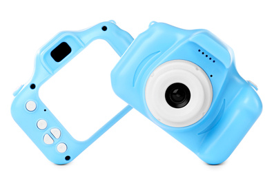 Image of Blue toy cameras on white background in collage, one with space for design