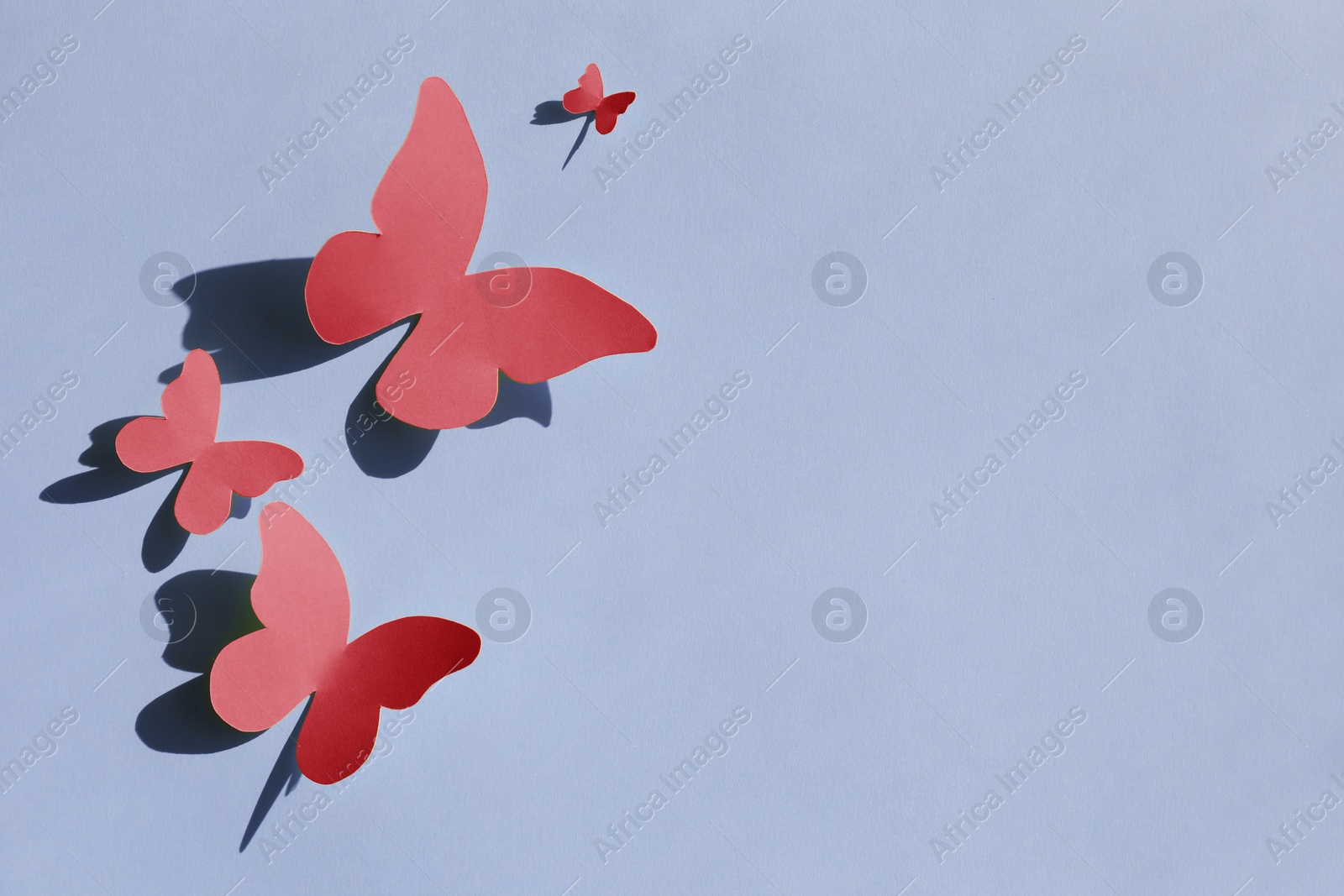 Image of Bright red paper butterflies on light blue background