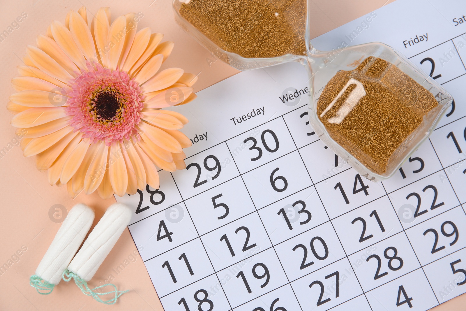 Photo of Flat lay composition with calendar, flower and tampons on color background. Gynecological checkup