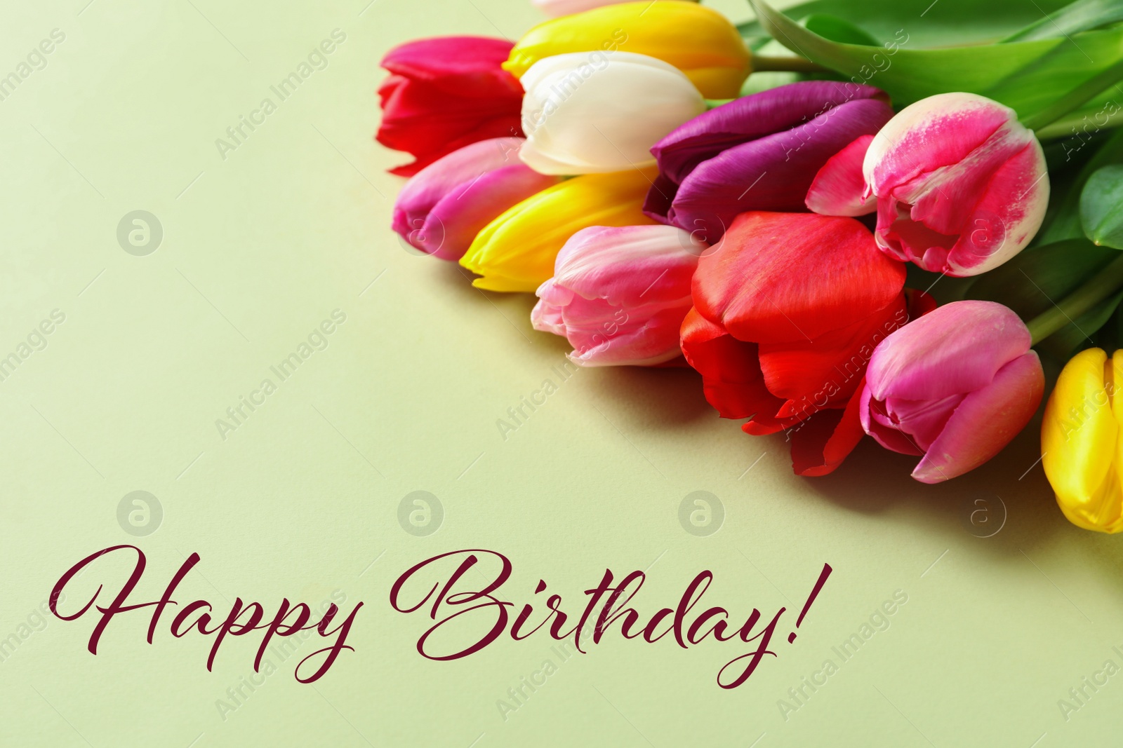 Image of Happy Birthday! Beautiful tulips on light green background 