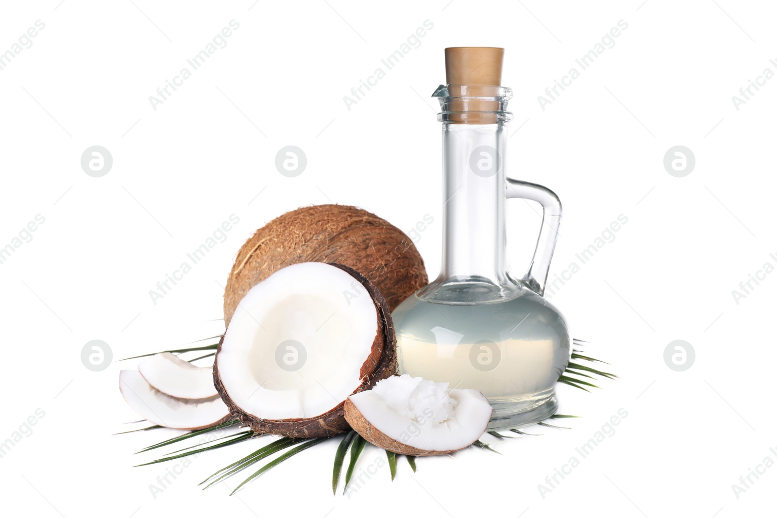 Photo of Composition with coconut oil on white background