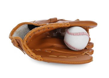 Leather baseball glove with ball isolated on white