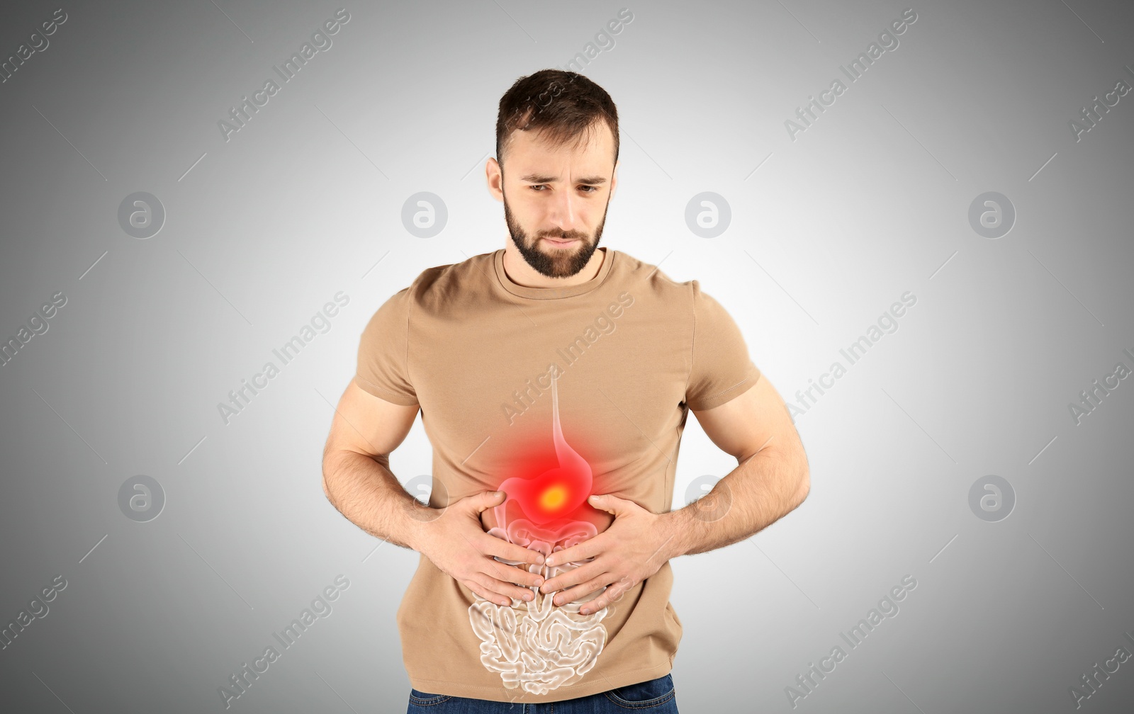 Image of Healthcare service and treatment. Man suffering from abdominal pain on grey background. Illustration of gastrointestinal tract