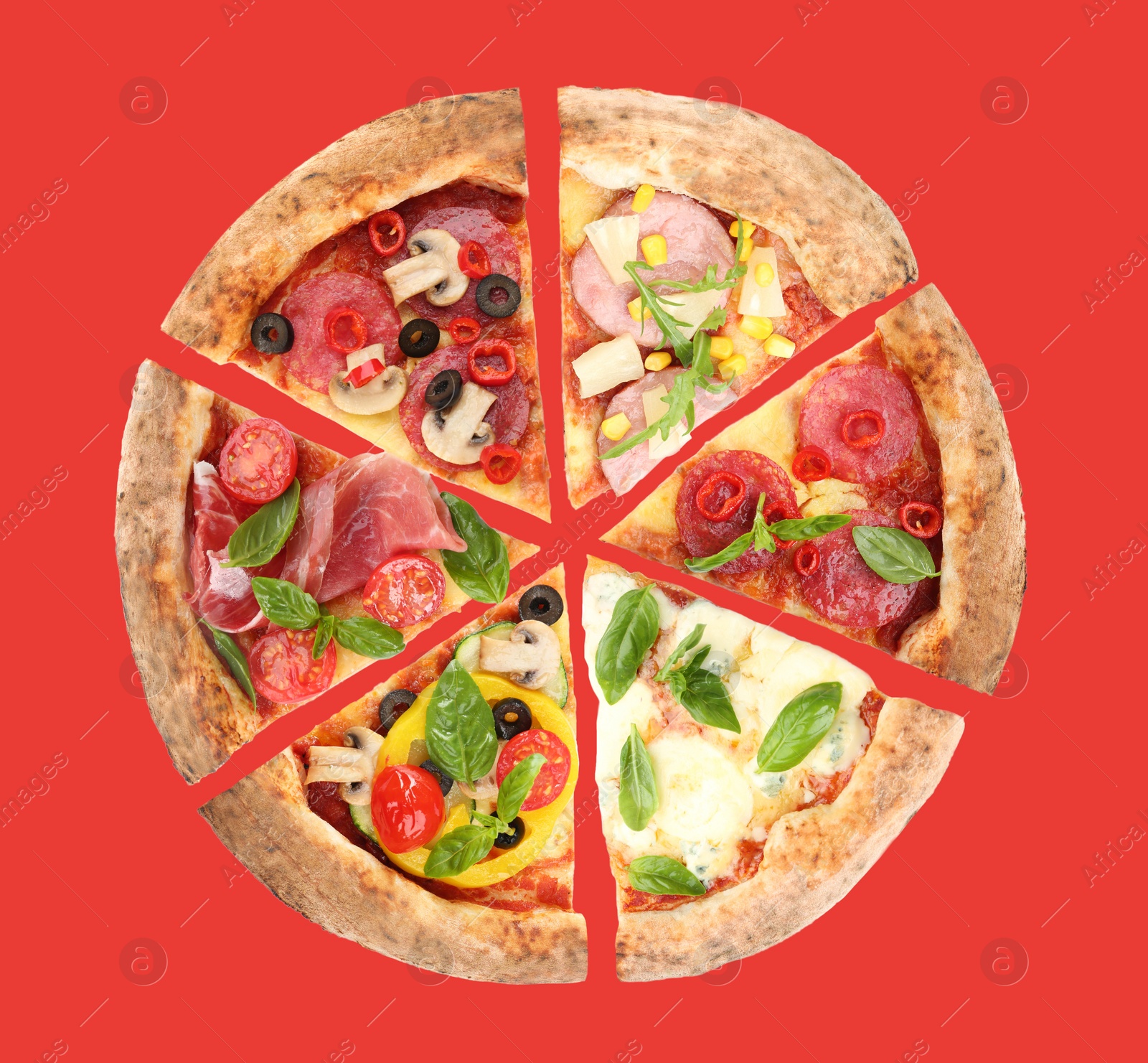 Image of Slices of different pizzas on red background, top view 
