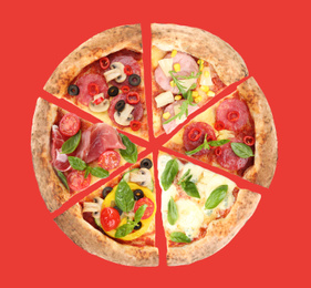 Slices of different pizzas on red background, top view 