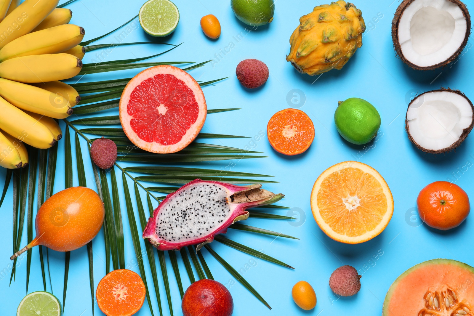 Photo of Different exotic fruits and palm leaf on light blue background, flat lay