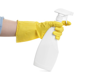 Photo of Person in rubber glove with detergent spray on white background, closeup of hand