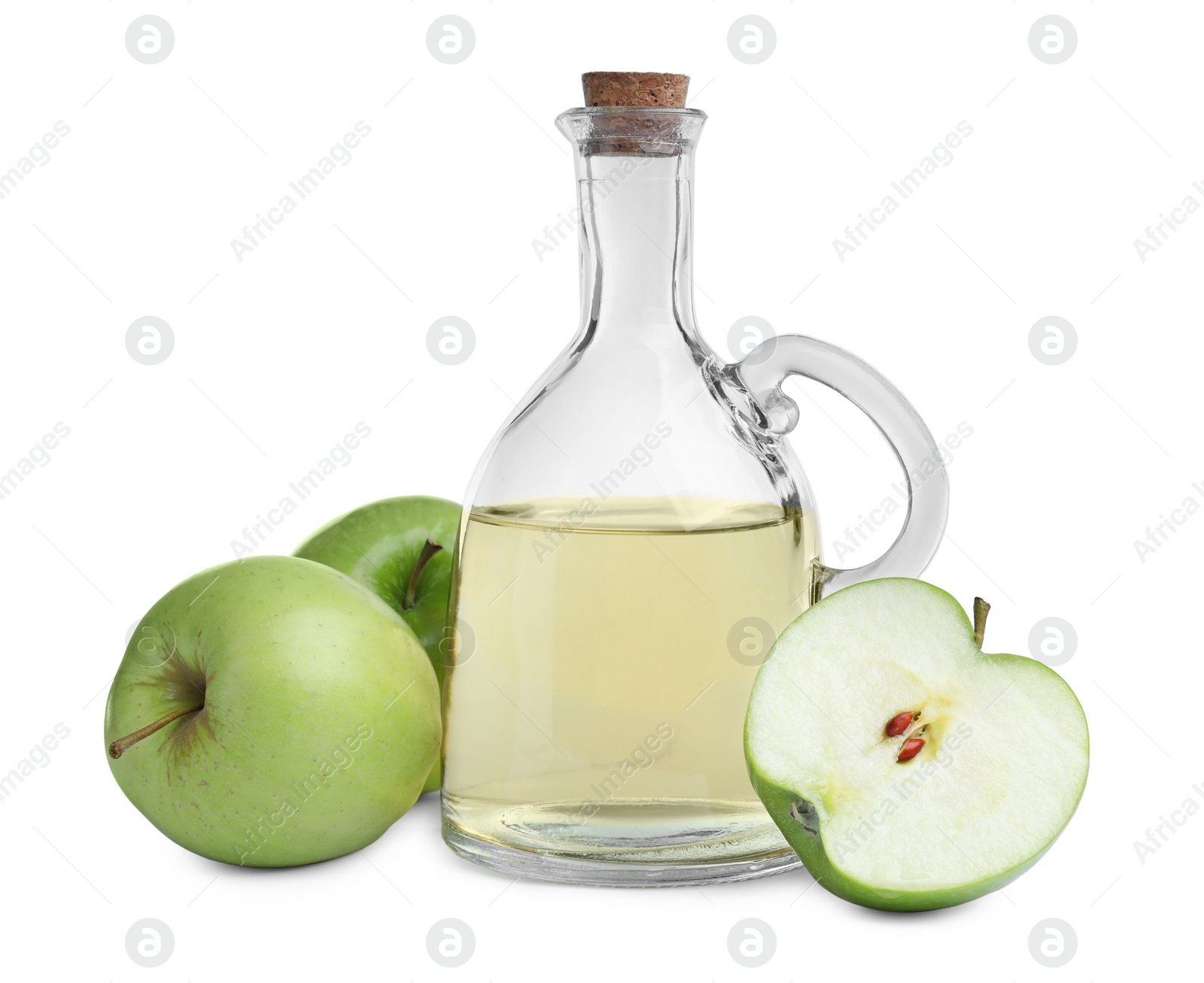 Photo of Fresh ripe green apples and jug of juice on white background