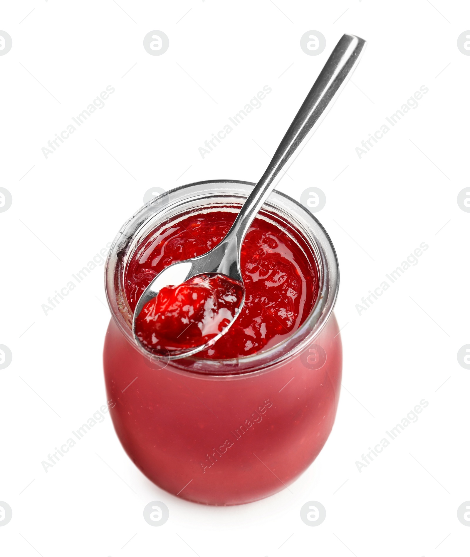 Photo of Jar with sweet jam on white background