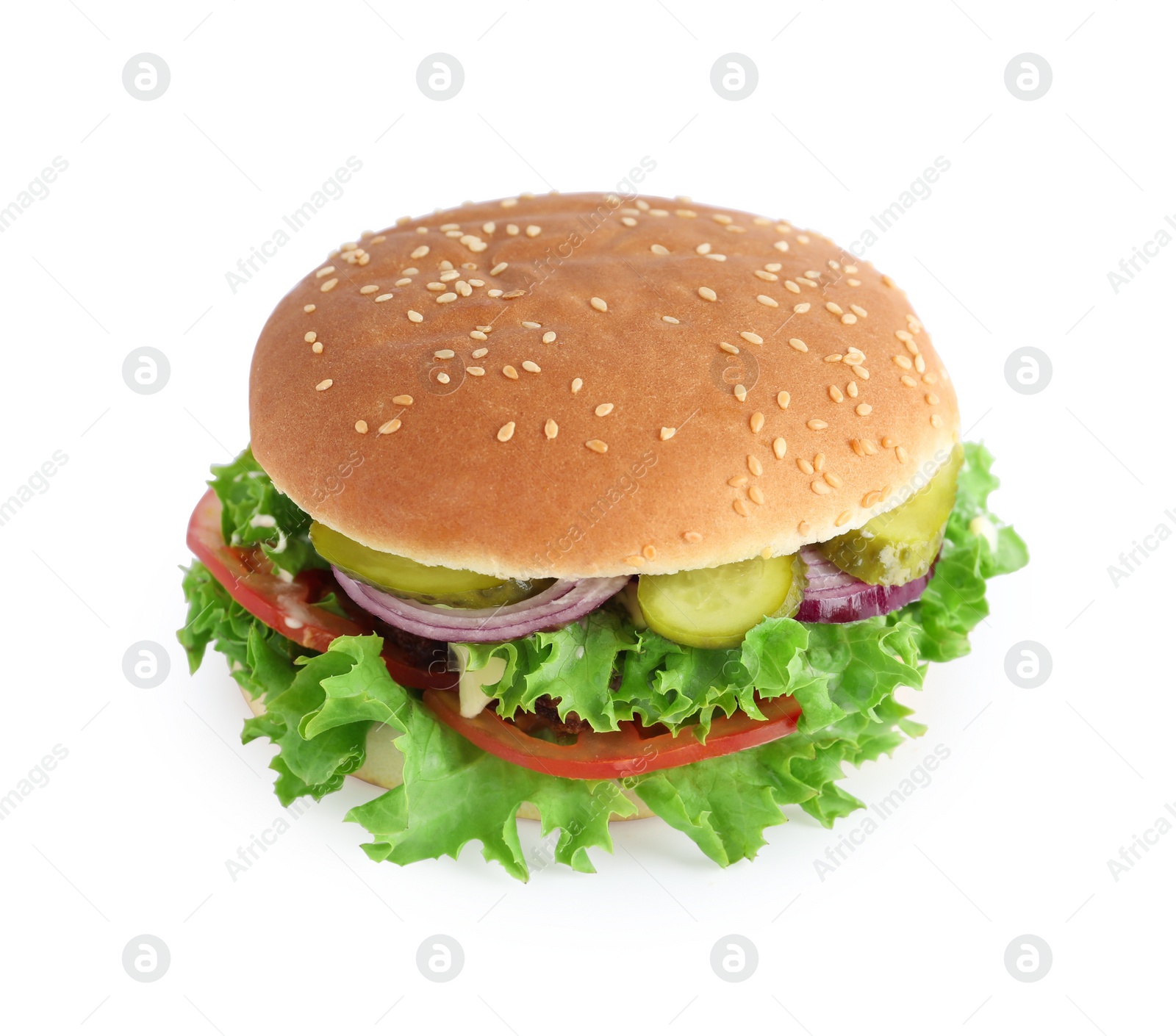 Photo of Delicious burger with beef patty and lettuce isolated on white